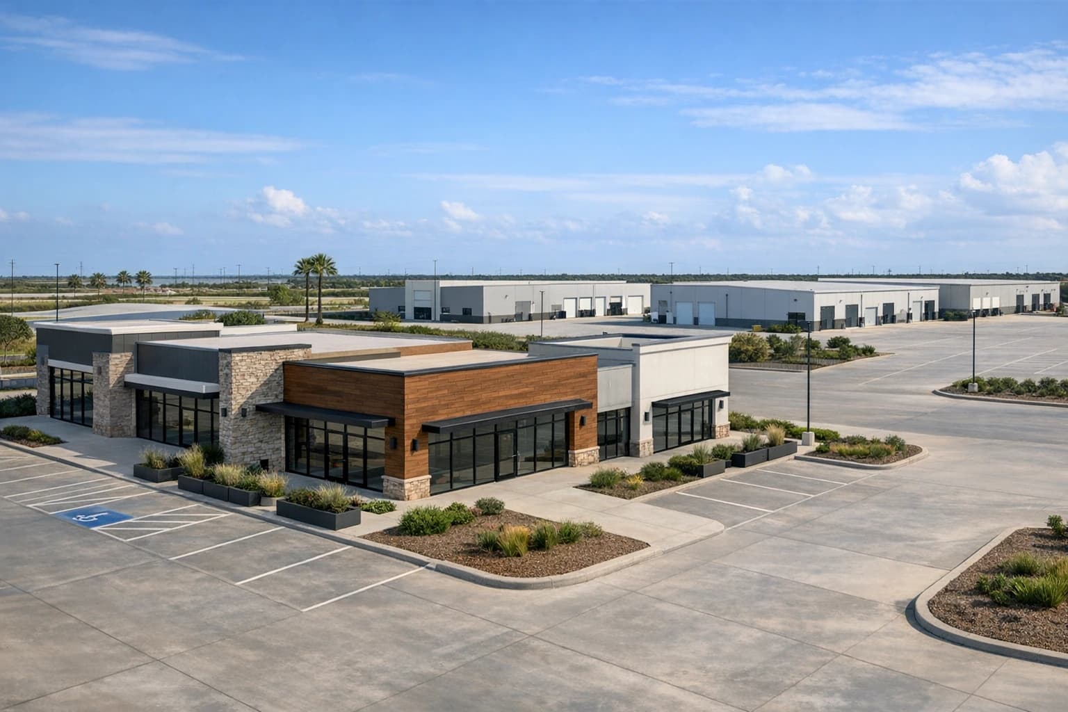 Retail center and flex industrial development with concrete-heavy sitework.