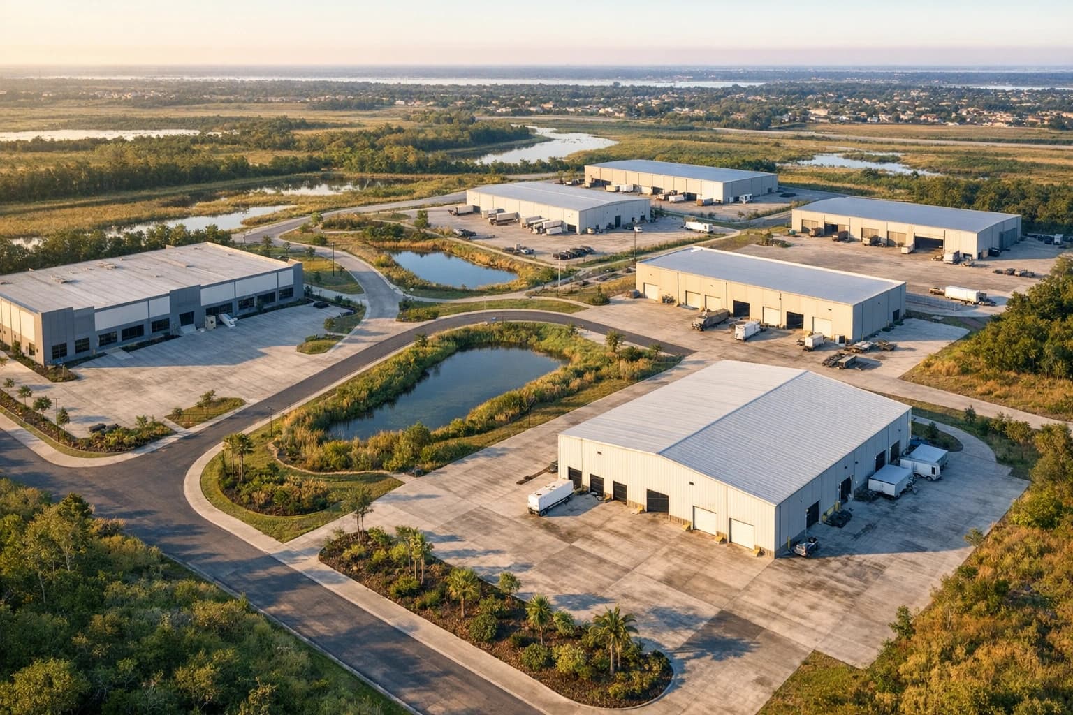 Tilt-wall and pre-engineered metal building campus under Gulf Coast light.