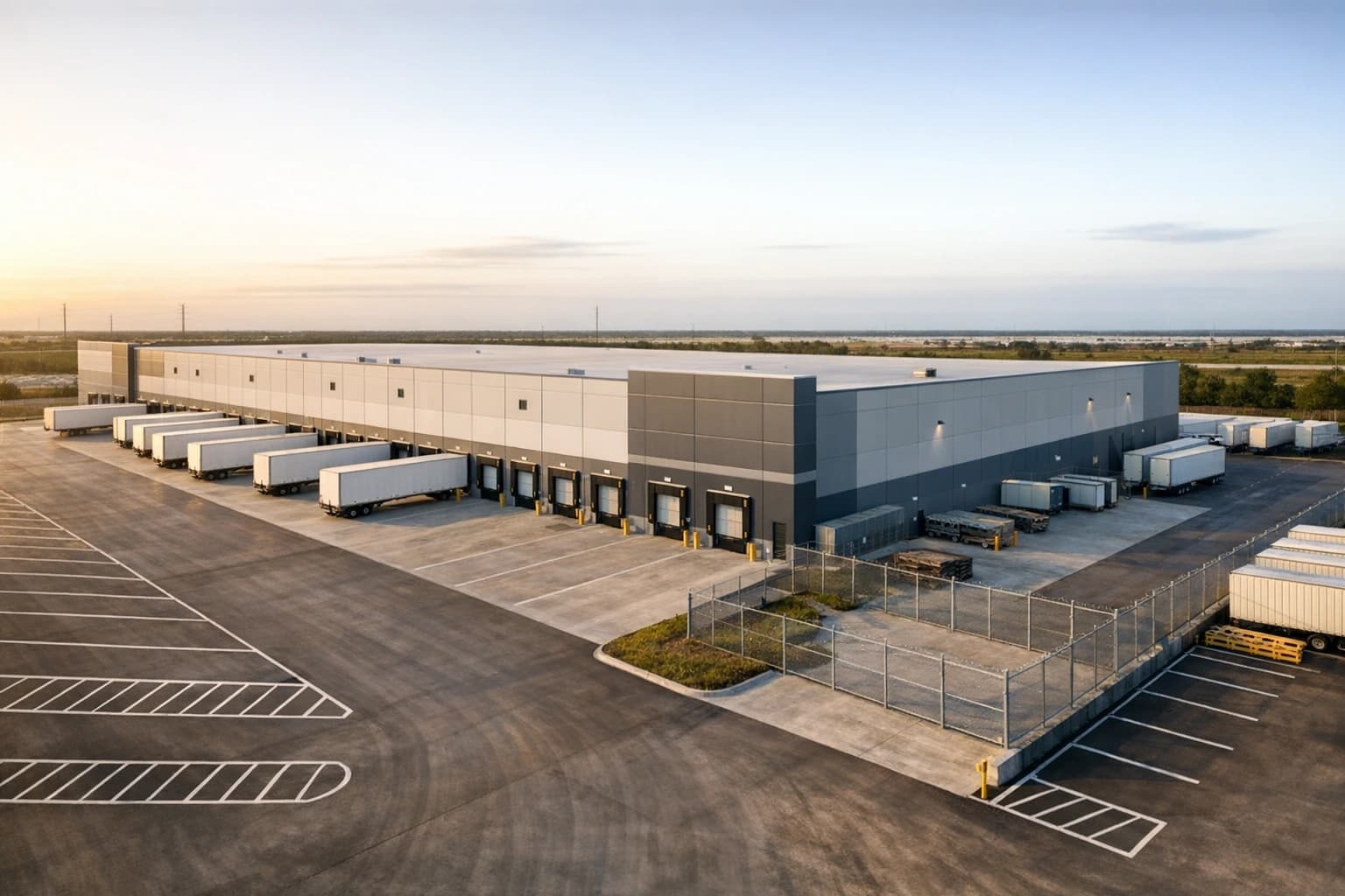 Distribution-ready warehouse building with trailer circulation and service yard space.